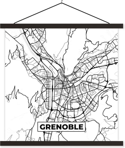 Posterhanger incl. Poster 60x60 cm - Schoolplaat - Kaart - Plattegrond - Grenoble - Frankrijk - Stadskaart - Zwart wit - Textielposter - Zwarte latten - Stadskaart
