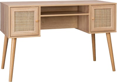 sweeek - Cannage bureau en decor hout met 2 deuren, 1 open vak, kompas poten