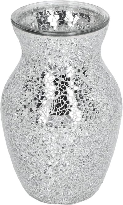 Mosaic Flower Vase - Silver Crackle Glass - Home Decoration - Table Centerpieces - Modern Gifts For Home - Holiday Anniversary Celebration - 20cm Hoog X 10cm Diameter