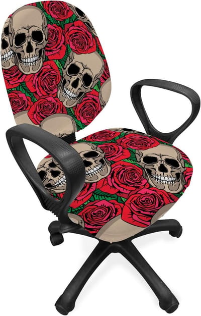ABAKUHAUS Rose bureaustoel met overtrek, Skull Red Flowers retro, decoratieve beschermhoes gemaakt van stretchstof, vermiljoen tan green