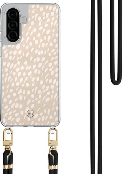Telefoonhoesje met koord geschikt voor Samsung A36 - Sand dots - Inclusief Zwart koord - Transparant, Beige - Gestipt - Crossbody beschermhoes - Met Telefoonketting