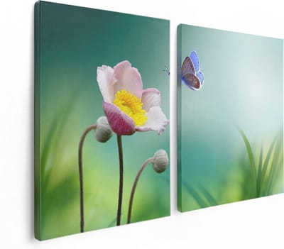 Artaza Canvas Schilderij Tweeluik Roze Anemoon Bloem Met Een Blauwe Vlinder - 120x80 - Foto Op Canvas - Canvas Print