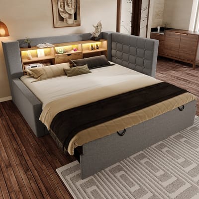 STILVORA Gestoffeerd Bed 90x200 cm – Uittrekbed Met LED en USB-Snellaad – L-Vormig Hoofdeinde Met Opbergruimte Links/Rechts – Linnen – Zonder Matras – Grijs