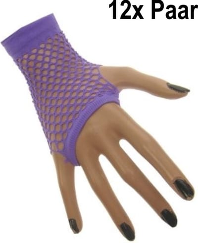 12x Paar Nethandschoen vingerloos kort fluor paars - Koningsdag thema feest festival party fun