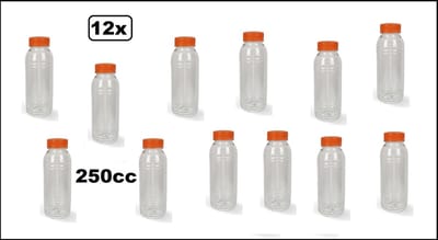 12x Flesje helder 250cc met vaste oranje dop- vernieuwd - gerecycled PET drinken jus sinas cola sappen dranken