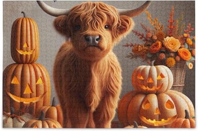 Legpuzzel Herfst Koe - Puzzel Volwassenen - Ontspannende Activiteit - Alfabetische Achterkant - 75 x 50 cm - Oranje