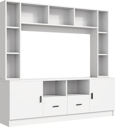 180*35*170cm TV-wandmeubelset met vitrinekast, mediawand inclusief tv-standaard en plank, tv-woonkamermeubelset met 2 kasten, 2 lades, 11 opbergvakken, wandmeubel, woonkamerwand, tv tot 60 inch, wit