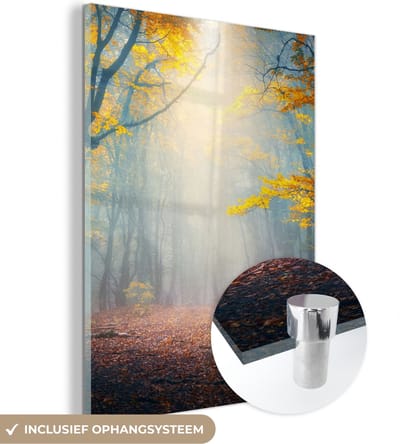 MuchoWow® Glasschilderij 30x40 cm - Schilderij acrylglas - Bos - Mist - Herfst - Foto op glas - Schilderijen