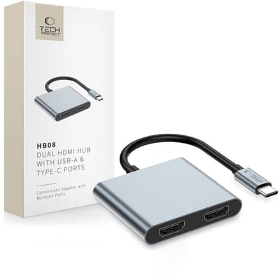 Tech-Protect HB08 4-in-1 USB-C + USB2.0 + 2 x HDMI 4K 60HZ Adapter - Grey USB hub - 2 - USB 2.0 - Grijs