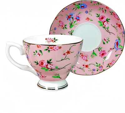 Theekop en Schotel - Koffiekop Mok - Afternoon Tea - Vintage Bloemenpatroon - 6 oz - Roze