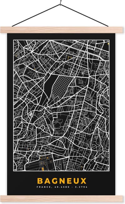 Posterhanger incl. Poster 40x60 cm - Schoolplaat - Frankrijk - Stadskaart - Bagneux - Plattegrond - Kaart - Textielposter - Blanke latten - Stadskaart
