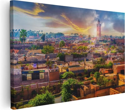 Artaza Canvas Schilderij Marrakech - 60x40 cm - Wanddecoratie Marokko - Muurdecoratie Skyline - Schilderijen Op Canvas Zonsondergang