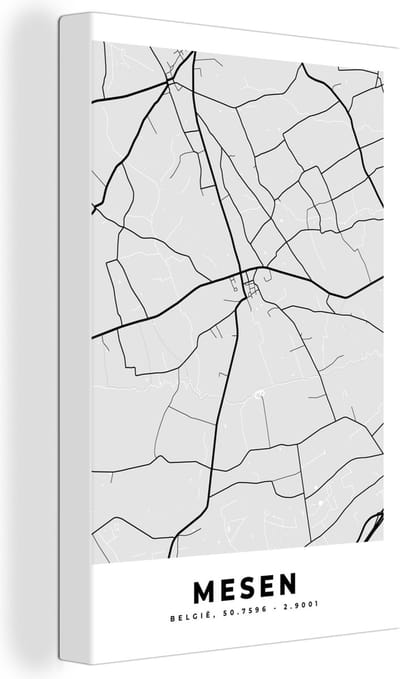 Canvas Schilderij België – Mesen – Stadskaart – Kaart – Zwart Wit – Plattegrond - 20x30 cm - Wanddecoratie