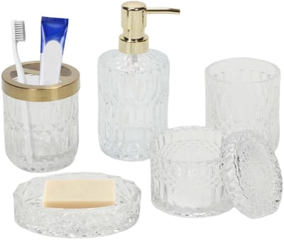 Dailygoods- Badkamerset 5-delig - Badkameraccessoires Set - Glazen Organizerset - Lotiondispenser/Zeepdispenser - Tandenborstelhouder/Glazen Fles - Eenvoudige Textuurstijl