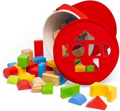 Houten Bouwstenen - Vormenstoof Trommel - Vroeg Leren Spelen - 80 Delige Set - 18x18x18 cm - Multicolor