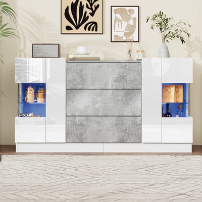 REDOM - Sideboard met 2 deuren en 3 lades - Hoogglans en glaselementen - LED-verlichting met 16 kleuren - MDF en glas - Wit en marmerlook - 140 x 35 x 75 cm