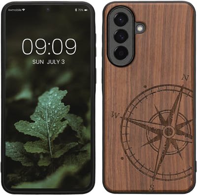 kwmobile telefoonhoesje geschikt voorSamsung Galaxy A57 5G - Hoesje met bumper - hout - In donkerbruin Vintage Kompas design