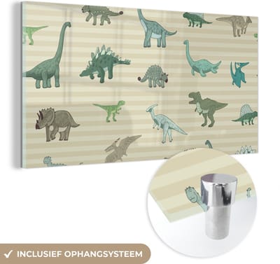 MuchoWow® Glasschilderij 120x60 cm - Schilderij acrylglas - Dinosaurus - Bruin - Groen - Jongens - Meisjes - Kinderen - Foto op glas - Schilderijen