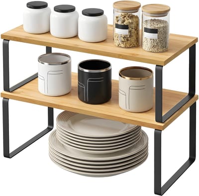 SONGMICS - Kruidenrek - Kruidenrek 2-Delig - Uitbreidbaar en Stapelbaar - Metalen en Houten Organizer voor Keuken