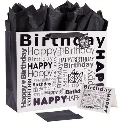 Grands Sacs Cadeaux en Blanc et Noir avec Papier de Soie, Sacs Cadeaux Joyeux Anniversaire, Incluent une Carte d'Anniversaire, Papier Fin, Parfaits pour les Anniversaires, les Fêtes black