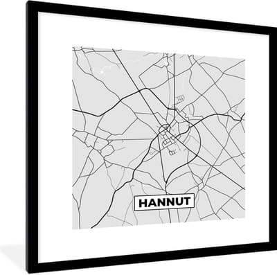 Fotolijst incl. Poster Zwart Wit- België – Hannut – Stadskaart – Kaart – Zwart Wit – Plattegrond - 40x40 cm - Posterlijst