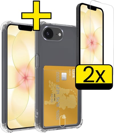 Hoesje - Geschikt voor Apple iPhone 17e - Met 2x Screenprotector - Pashouder - Kaarthouder - Telefoon Hoes Shockproof - Siliconen Case - Back Cover - Shock Proof - Pasjes Houder - Telefoonhoesjes - Transparant