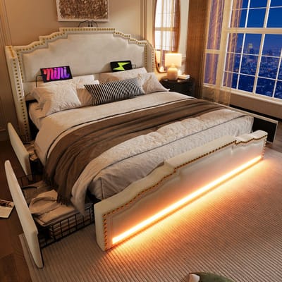 VVBV Gestoffeerd bed 160x200 cm met opbergruimte, Tweepersoonsbed met 4 lades, LED verlichting, USB Type C-oplader, Opbergbed volwassen bed met lattenbodem, Fluweel, Retrostijl, Beige (zonder matras)