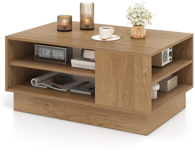 COSTWAY Salontafel Houten, Woonkamertafel met Opbergruimte, Bijzettafel met Open Vakken, Banktafel Accenttafel voor Woonkamer, Ontvangstruimte & Lounge, 86 x 56 x 41 cm, Modern (naturel)