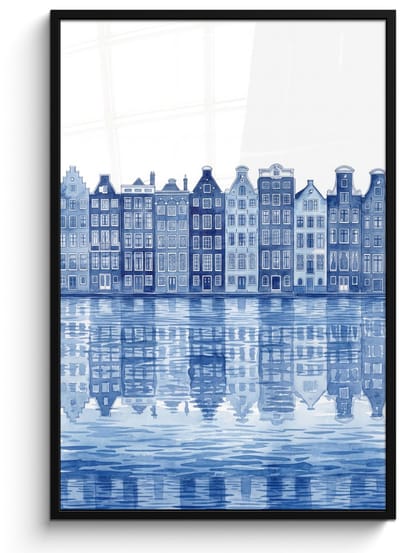 Poster in lijst - Fotolijst 80x120 cm - Posters - Aquarel - Grachtenpanden - Delfts - Blauw - Posterlijst zwart - Decoratie - Wanddecoratie woonkamer - Muurdecoratie slaapkamer
