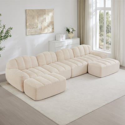 MODFU Modulaire Hoekbank - U-Vormig - Diepe Zitting - Organisch Ontwerp - Voor Woonkamer - Fleece - Beige Wit