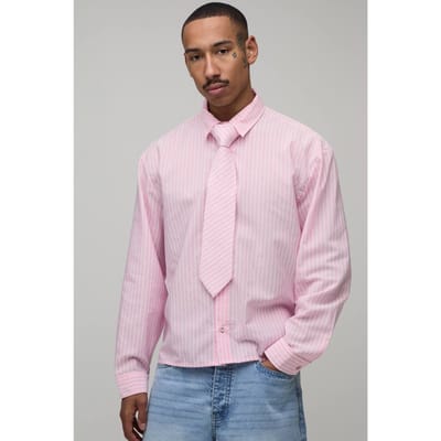Oversized Boxy Gestreept Overhemd Met Stropdas | Pink | Size Medium