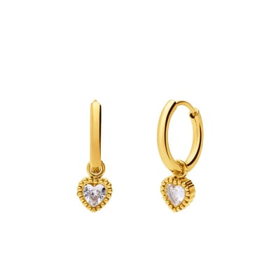 Lucardi Dames Stalen goldplated oorbellen hart met zirkonia - Oorbellen - Staal - Goudkleurig