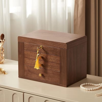 Sieradenkist van Walnoot Hout met 4 Lagen, 2 Deuren en Spiegel, Veilig voor Armbanden en Ringen, Perfect Cadeau voor Vrouwen