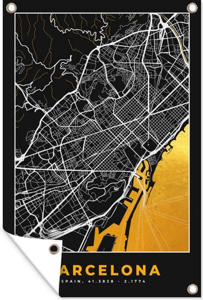Muurdecoratie Barcelona - Stadskaart - Plattegrond - Goud - Kaart - 120x180 cm - Tuinposter - Tuindoek
