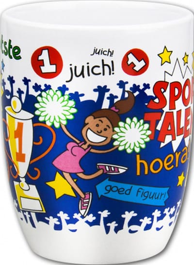 Mok - Snoep - Sporttalent - Cartoon - In cadeauverpakking met gekleurd krullint