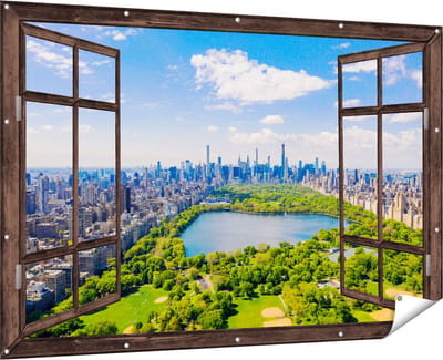 Gards Tuinposter Doorkijk Central Park in New York met Wolkenkrabbers - 180x120 cm - Tuindoek - Tuindecoratie - Wanddecoratie buiten - Tuinschilderij