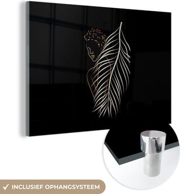 MuchoWow® Glasschilderij 60x40 cm - Schilderij acrylglas - Vrouw - Veer - Line art - Foto op glas - Schilderijen