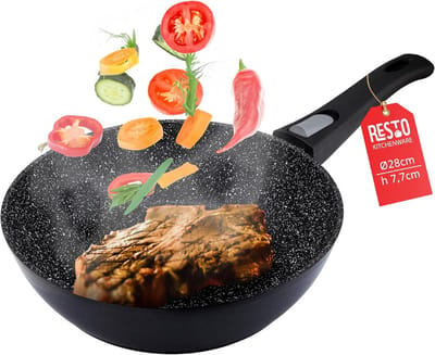 Diepe Braadpan - Wokpan Aluminium - Gezond Koken - Marmeren Antiaanbaklaag - 28 cm - Zwart