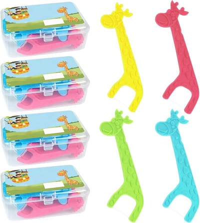 160 Stuks Tandfloss voor Kinderen - Giraffe Handvat, Ongewaxte Tandfloss voor Smalle Interdentale Ruimtes, 4 Kleuren, 40 Stuks per Verpakking
