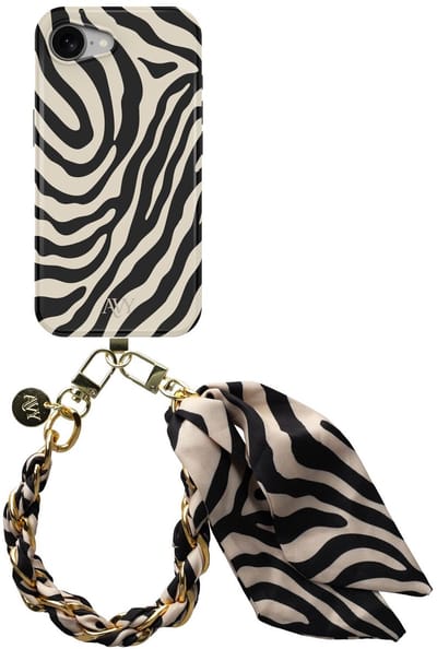AVY Hoesje Met Telefoonkoord | Geschikt voor Apple iPhone 17e / 16e | Compatibel met MagSafe | Hard Shell Back Cover | Stijlvol Bijpassend Koord 32CM | Serengeti Zebra | Zwart & Wit