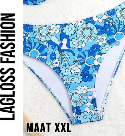LaGloss® Dames Hoge Taille Bloemenprint Bikini Broekje – Elegant Split Design – Blauw Strandvakantie Zwembroek – Hoog Elastisch – Maat XXL