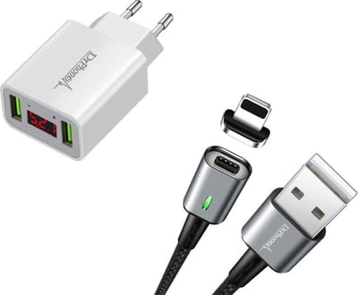 DrPhone iCON - Magnetische Lightning Oplaadkabel 3A + Thuislader 2 poorten USB Oplader 2.2A met LED Display - Geschikt iPhone 13 / 12 / 11 / X / XS / XR / 8 / 7 / SE / iPad - Wit/Zwart
