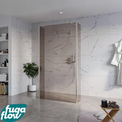 FugaFlow Eccelente Vetro Vrijstaande inloopdouche badkamer - 110x200cm - Rookglas - antikalk - 8mm veiligheidsglas - 2 zijwanden 30cm - met wandarmen en hoekprofielen - RVS geborsteld -