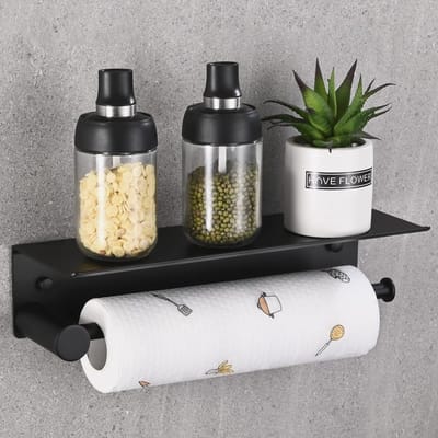 Famanu - Keukenrolhouder aan de muur gemonteerd, keukenpapier handdoekenrek zelfklevend zonder boren, aluminium keukenrolhouders met ruime opbergplank voor keuken badkamer, 34 cm, zwart