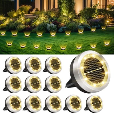Set van 12 solar grondlampen, 8 LED buitenlampen op zonne-energie, waterdichte buitenspot op zonne-energie, verlichting op zonne-energie voor terras, oprit, paden, gazon, tuin, zwembaden,Warm wit