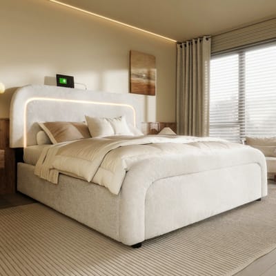 Volwassen bed 140x200 cm met 4 lades en USB Type-C-oplader, bed met opbergruimte en in hoogte verstelbaar hoofdeinde, in Sherpa-laken, wit(Matras niet inbegrepen)