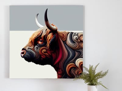 Abstract schotse hooglander schilderij | Schotse Hooglander: een abstracte kunstzinnige interpretatie van natuurlijke schoonheid | Kunst - 40x40 centimeter op Canvas | Foto op Canvas