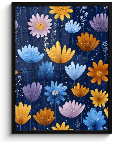 Poster in lijst - Fotolijst 60x80 cm - Posters - Bloemen - Patroon - Blauw - Contrast - Posterlijst zwart - Decoratie - Wanddecoratie woonkamer - Muurdecoratie slaapkamer