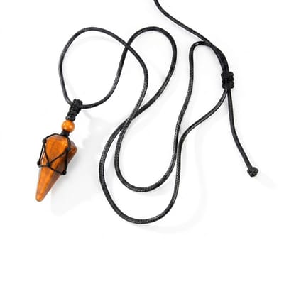 Oranjebruine hanger ketting met koord voor dames en heren – puntvormige steenlook – ketting met hanger – gevlochten netstijl