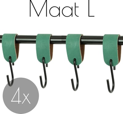 4x Leren S-haak hangers - Handles and more® | ZEEGROEN - maat L (Leren S-haken - S haken - handdoekkaakje - kapstokhaak - ophanghaken)